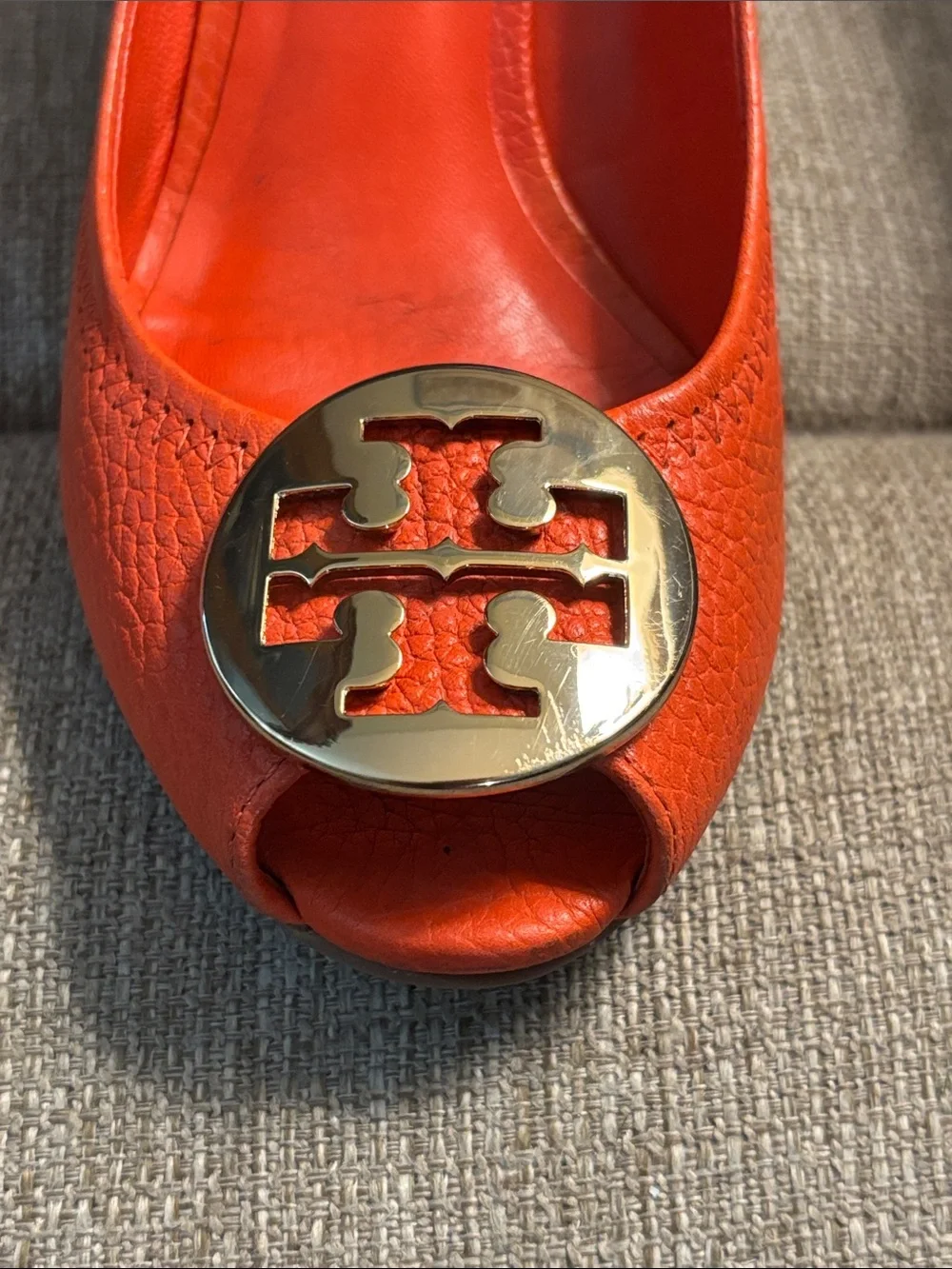 Tory Burch Sally Peep Toe Orange Pebbled Leather Sandals- 7